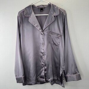 Victorias Secret Satin Pajama Shirt M Lilac Lavender Embroidered Pocket Sleep